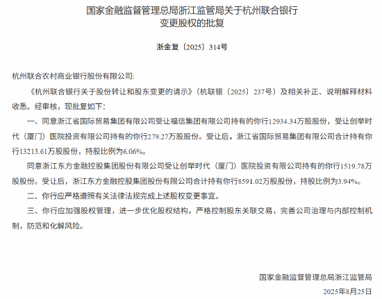 大牛配资 杭州联合银行股权变更获批 浙江省国贸集团、浙江东方持股比例增至6.06%、3.94%